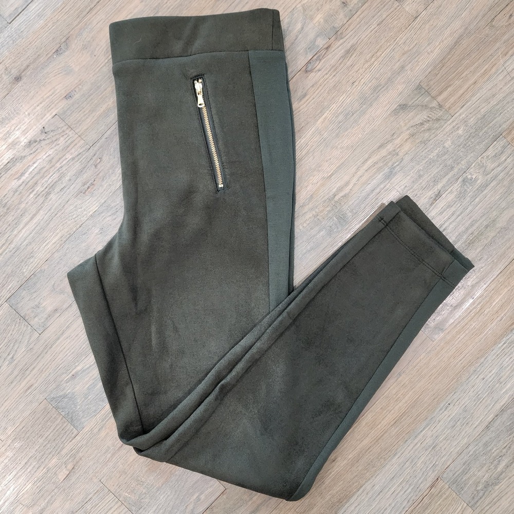 NWT LOFT Zip‎ Trim Faux Suede Leggings Dark Caper Olive Green Medium Gold Zipper